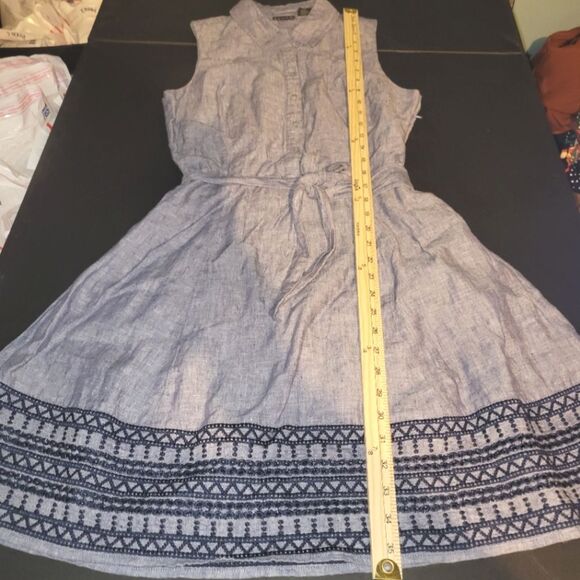Tahari Linen Blue Embroidered Sleeveless Shirt Dress 4 - Picture 5 of 11